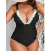 CUPSHE Women Swimsuit Plus Size One Piece Lace V Neck Ruched Front Tummy Control with Adjustable Wide Straps(Black)