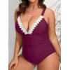 CUPSHE Women Swimsuit Plus Size One Piece Lace V Neck Ruched Front Tummy Control with Adjustable Wide Straps(Wine Red)