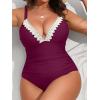 CUPSHE Women Swimsuit Plus Size One Piece Lace V Neck Ruched Front Tummy Control with Adjustable Wide Straps(Wine Red)