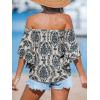 CUPSHE Women Tops Boho Off-Shoulder Neck Ruffle Sleeve Blouse Short Sleeve Tee Shirt Casual Summer(Blue)