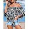 CUPSHE Women Tops Boho Off-Shoulder Neck Ruffle Sleeve Blouse Short Sleeve Tee Shirt Casual Summer(Blue)