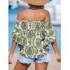 CUPSHE Women Tops Boho Off-Shoulder Neck Ruffle Sleeve Blouse Short Sleeve Tee Shirt Casual Summer(Green Floral)
