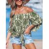 CUPSHE Women Tops Boho Off-Shoulder Neck Ruffle Sleeve Blouse Short Sleeve Tee Shirt Casual Summer(Green Floral)