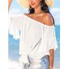 CUPSHE Women Tops Boho Off-Shoulder Neck Ruffle Sleeve Blouse Short Sleeve Tee Shirt Casual Summer(White)