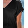 CUPSHE Women Tops Onyx V-Neck Short Sleeve Tee Front Pocket Shirt Solid Tee Casual Dressy(Black)