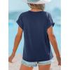 CUPSHE Women Tops Onyx V-Neck Short Sleeve Tee Front Pocket Shirt Solid Tee Casual Dressy(Dark Blue)