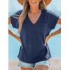 CUPSHE Women Tops Onyx V-Neck Short Sleeve Tee Front Pocket Shirt Solid Tee Casual Dressy(Dark Blue)