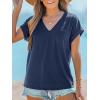 CUPSHE Women Tops Onyx V-Neck Short Sleeve Tee Front Pocket Shirt Solid Tee Casual Dressy(Dark Blue)