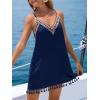CUPSHE Women V Neck Swimsuit Cover Up Sleevess Tassel Summer Mini Beach Dress(Navy Blue)