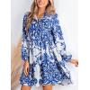 CUPSHE Women’s 2025 Fall Dress Long Sleeve V Neck Button Floral Tunic Ruffled Casual Flowy Mini Summer Dress(Blue Floral)
