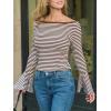 CUPSHE Women’s Bell Long Sleeve Shirts Striped Casual Going Out Tops Boat Neck Fitted Y2K Clothes(Brown White)