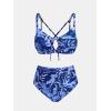 CUPSHE Women’s Bikini Set High Waisted Two Piece Swimsuit Front Cutout Bathing Suit Lace Up Back Self Tie Ruched(Navy Blue/Animal)