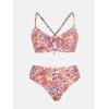 CUPSHE Women’s Bikini Set Two Piece Bathing Suits Scoop Neck Crisscross Back Self Tie Mid Waisted Bottom Floral Cut Out(Purple Floral)