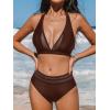 CUPSHE Women’s Bikini Sets Halter V Neck Tie Back Bathing Suit Mesh Panel High Waisted Bottom(Dark Brown)