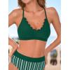 CUPSHE Women’s Bikini Sets High Waisted Scalloped V Neck Two Piece Crisscross Self Tie Spaghetti Straps Bathing Suit(Deep Green/Striped)