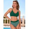 CUPSHE Women’s Bikini Sets High Waisted Scalloped V Neck Two Piece Crisscross Self Tie Spaghetti Straps Bathing Suit(Deep Green/Striped)