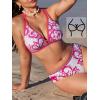 CUPSHE Women’s Bikini Sets Large Bust V Neck Cutout Bathing Suit Crisscross Back Self Tie Mid Rise Modest Swimwear(White/Hot Pink Floral)