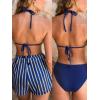 CUPSHE Women’s Bikini Sets Three Piece Swimsuit Boyshorts V Neck Textured Halter Back Self Tie Bathing Suits(Navy Striped)