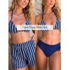 CUPSHE Women’s Bikini Sets Three Piece Swimsuit Boyshorts V Neck Textured Halter Back Self Tie Bathing Suits(Navy Striped)
