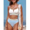 CUPSHE Women’s Bikini Sets Two Piece Bathing Suit High Waisted Scoop Neck Adjustable Straps Textured Color Block(White/Blue)