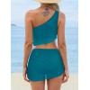 CUPSHE Women’s Bikini Sets Two Piece Bathing Suit One Shoulder Ruched Mesh Mid Rise Skirt Bottom Asymmetrical(Teal Green)