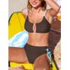 CUPSHE Women’s Bikini Sets Two Piece Swimsuit Colorblock O Ring Cutout Textured Fabric Scoop Neck Mid Rise Side Tie(Brown/Blue)