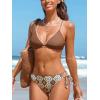 CUPSHE Women’s Bikini Sets Two Piece Swimsuit Crisscross Back Self Tie V Neck Stitching Tie Cheeky Bottom(Brown/Beige)