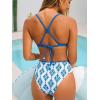 CUPSHE Women’s Bikini Sets Two Piece Swimsuit High Waisted Bathing Suits V Neck Crossback Tie Beading(Blue/White Floral)