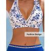 CUPSHE Women’s Bikini Sets Two Piece Swimsuit High Waisted Halter Back Self Tie V Neck Textured Hollow Out(White/Blue Floral)