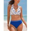 CUPSHE Women’s Bikini Sets Two Piece Swimsuit High Waisted Halter Back Self Tie V Neck Textured Hollow Out(White/Blue Floral)