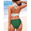 CUPSHE Women’s Bikini Sets Two Piece Swimsuit High Waisted Halter Back Self Tie V Neck Textured Hollow Out(White/Green Floral)
