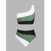 CUPSHE Women’s Bikini Sets Two Piece Swimsuit High Waisted One Shoulder Color Block Ruched Asymmetrical(Black/Dark Green)