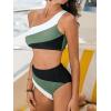 CUPSHE Women’s Bikini Sets Two Piece Swimsuit High Waisted One Shoulder Color Block Ruched Asymmetrical(Black/Dark Green)