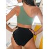 CUPSHE Women’s Bikini Sets Two Piece Swimsuit High Waisted One Shoulder Color Block Ruched Asymmetrical(Black/Dark Green)