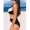 CUPSHE Women’s Bikini Sets Two Piece Swimsuit High Waisted One Shoulder Color Block Ruched Asymmetrical(Black/White)