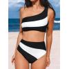 CUPSHE Women’s Bikini Sets Two Piece Swimsuit High Waisted One Shoulder Color Block Ruched Asymmetrical(Black/White)