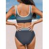 CUPSHE Women’s Bikini Sets Two Piece Swimsuit High Waisted Scoop Neck Bathing Suit Color Block Swimwear(Dark Teal/Dark Grey)