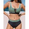 CUPSHE Women’s Bikini Sets Two Piece Swimsuit High Waisted Scoop Neck Bathing Suit Color Block Swimwear(Sage Green/Navy Blue)