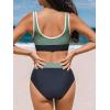 CUPSHE Women’s Bikini Sets Two Piece Swimsuit High Waisted Scoop Neck Bathing Suit Color Block Swimwear(Sage Green/Navy Blue)