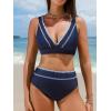 CUPSHE Women’s Bikini Sets Two Piece Swimsuit High Waisted V Neck Crisscross Back Self Tie Color Block Wide Straps(Navy Blue)