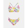 CUPSHE Women’s Bikini Sets Two Piece Swimsuit Low Rise Bathing Suits Ruffled Scoop Neck Crossback Tie Cheeky(Pink Yellow Floral)