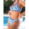 CUPSHE Women’s Bikini Sets Two Piece Swimsuit V Neck Stitching Side Cutout Back Hook Adjustable Straps(White Blue Ethnic)
