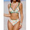 CUPSHE Women’s Bikini Sets Two Piece Swimsuit V Neck Stitching Side Cutout Back Hook Adjustable Straps(White Green Floral)