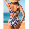 CUPSHE Women’s Bikini Sets Two Piece Swimsuit V Neck Wrap Bralette Stitching Back Self Tie Wide Straps(Navy/Beige Floral)