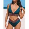 CUPSHE Women’s Bikini Sets V Neck Wide Straps Stitched Trim Bathing Suit V Cut Waist Bottom(Dark Teal)