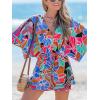 CUPSHE Women’s Boho Floral Romper Short Sleeve V Neck Tie Waist Summer Beach Jumpsuit Tropical Resort Vacation Outfits(Blue Flower)