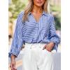 CUPSHE Women’s Casual Striped Top V Neck Button Down Shirt Long Sleeve Tie Cuffs Loose Fit Blouse(Blue)