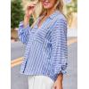 CUPSHE Women’s Casual Striped Top V Neck Button Down Shirt Long Sleeve Tie Cuffs Loose Fit Blouse(Blue)