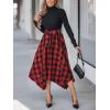 CUPSHE Womens Christmas Plaid Dress Holiday Long Sleeve Flowy Midi Dress Mock Neck Belted Dresses with Pockets(Red Black)