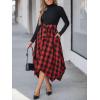 CUPSHE Womens Christmas Plaid Dress Holiday Long Sleeve Flowy Midi Dress Mock Neck Belted Dresses with Pockets(Red Black)